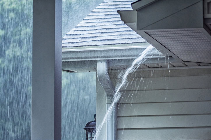 pouring rain in on home representing how you can protect your AC from storms.